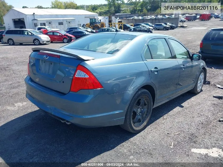 2011 Ford Fusion Se VIN: 3FAHP0HA8BR201116 Lot: 40251906