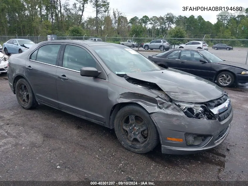 2011 Ford Fusion Se VIN: 3FAHP0HA0BR194680 Lot: 40301207