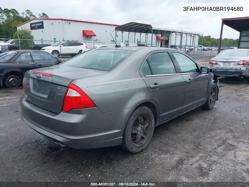 2011 Ford Fusion Se VIN: 3FAHP0HA0BR194680 Lot: 40301207