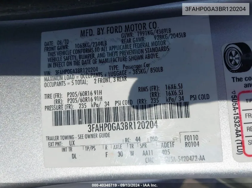 3FAHP0GA3BR120204 2011 Ford Fusion S