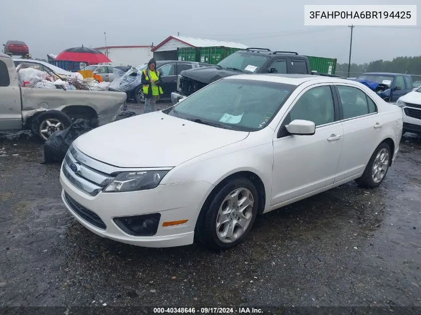 2011 Ford Fusion Se VIN: 3FAHP0HA6BR194425 Lot: 40348646