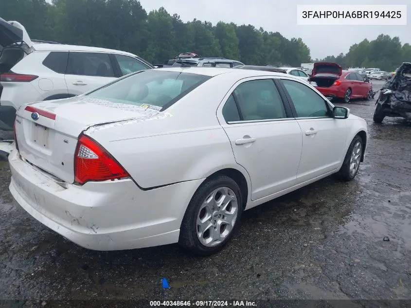 2011 Ford Fusion Se VIN: 3FAHP0HA6BR194425 Lot: 40348646