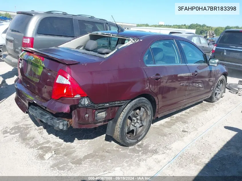 2011 Ford Fusion Se VIN: 3FAHP0HA7BR183398 Lot: 40367005