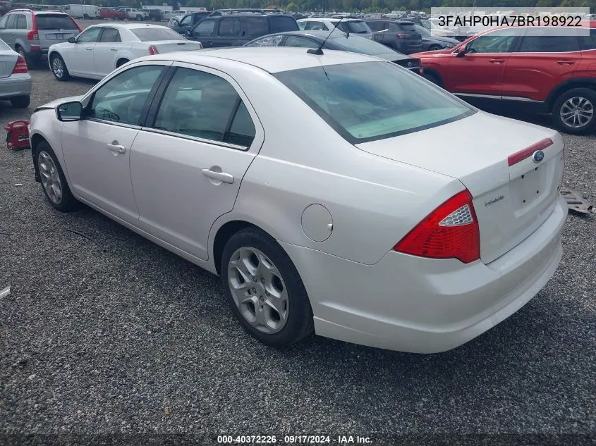 2011 Ford Fusion Se VIN: 3FAHP0HA7BR198922 Lot: 40372226