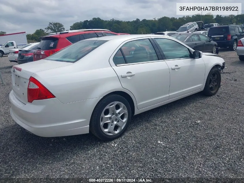 2011 Ford Fusion Se VIN: 3FAHP0HA7BR198922 Lot: 40372226