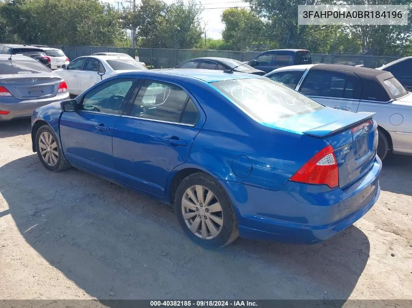 2011 Ford Fusion Se VIN: 3FAHP0HA0BR184196 Lot: 40382185