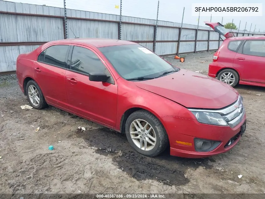 2011 Ford Fusion S VIN: 3FAHP0GA5BR206792 Lot: 40387886