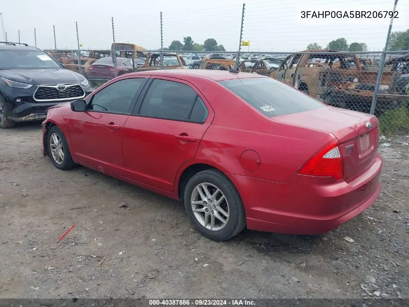 2011 Ford Fusion S VIN: 3FAHP0GA5BR206792 Lot: 40387886