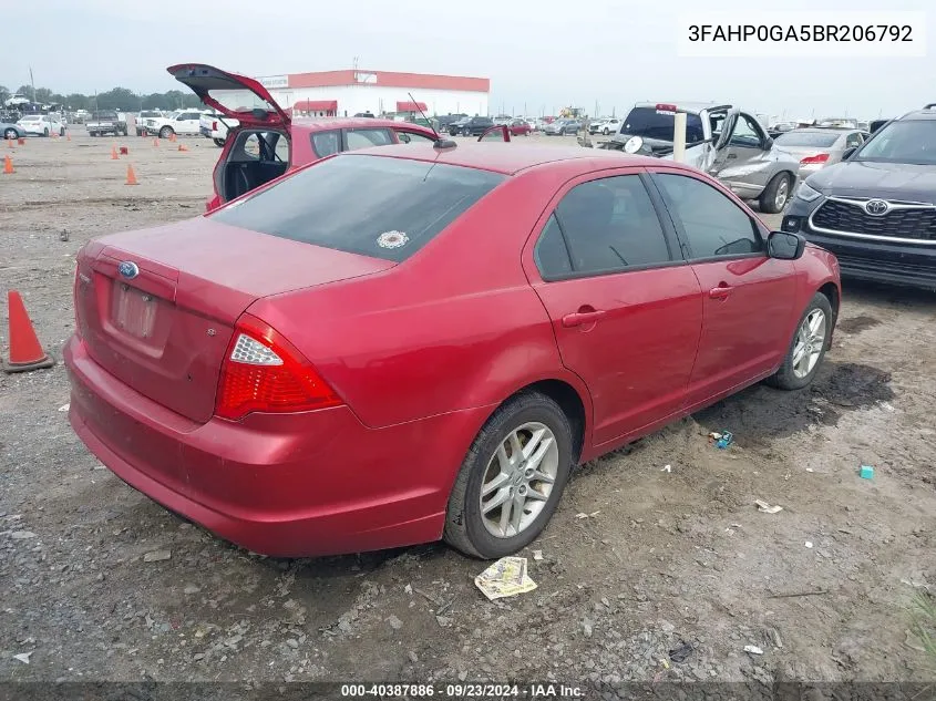 2011 Ford Fusion S VIN: 3FAHP0GA5BR206792 Lot: 40387886