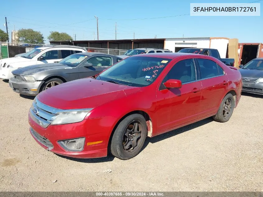 2011 Ford Fusion Se VIN: 3FAHP0HA0BR172761 Lot: 40397685