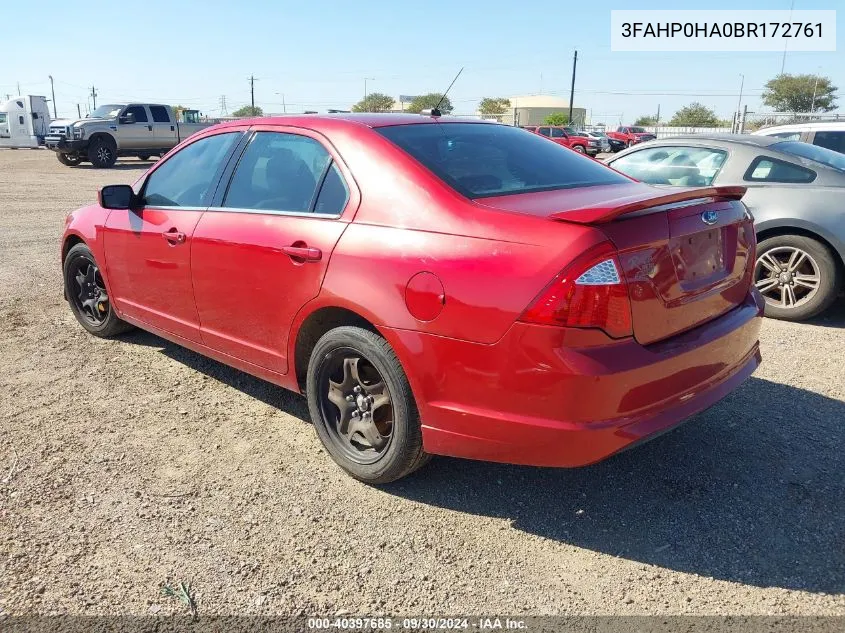 2011 Ford Fusion Se VIN: 3FAHP0HA0BR172761 Lot: 40397685