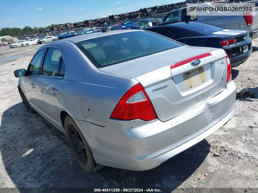 2011 Ford Fusion Se VIN: 3FAHP0HA1BR260394 Lot: 40411259