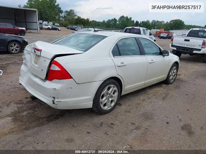 2011 Ford Fusion Se VIN: 3FAHP0HA9BR257517 Lot: 40412721