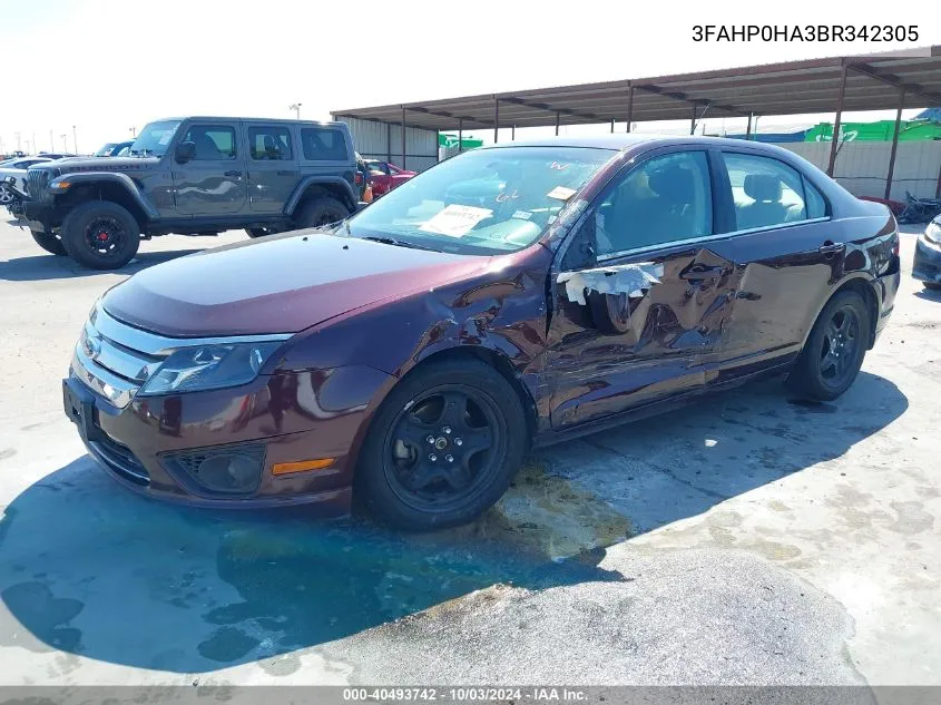 2011 Ford Fusion Se VIN: 3FAHP0HA3BR342305 Lot: 40493742