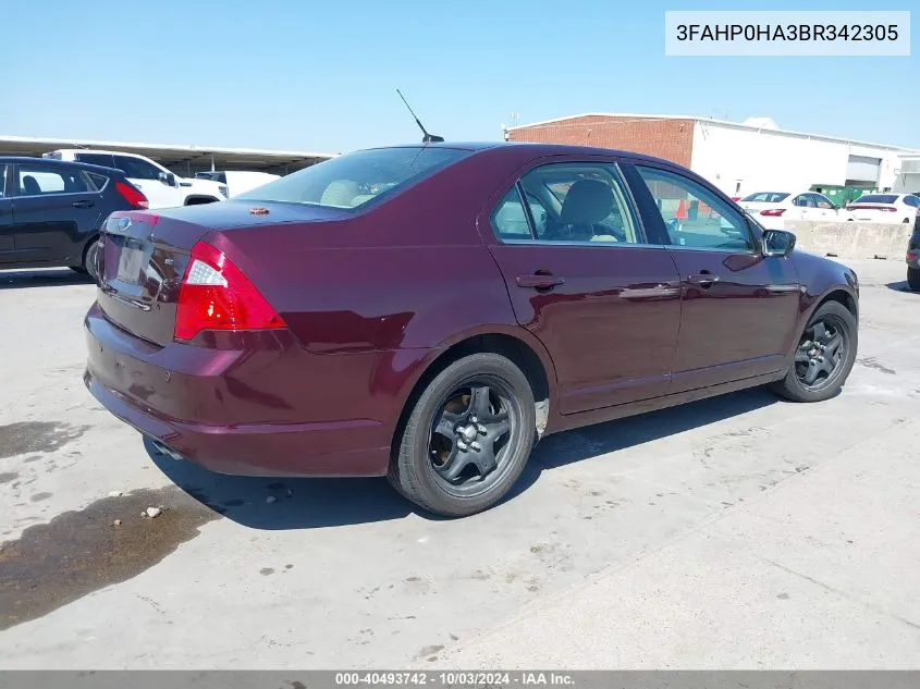 2011 Ford Fusion Se VIN: 3FAHP0HA3BR342305 Lot: 40493742