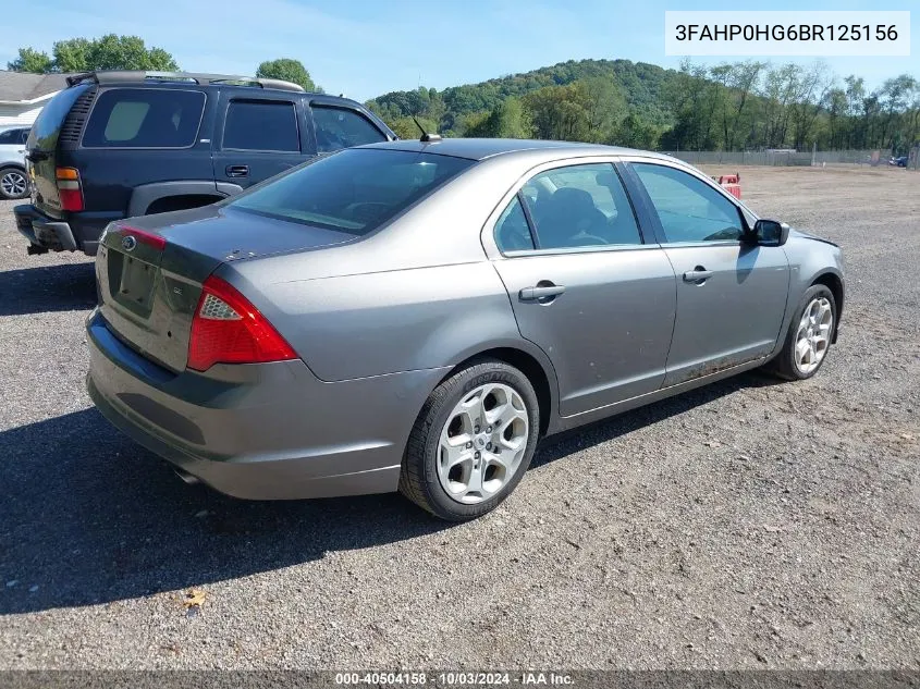 2011 Ford Fusion Se VIN: 3FAHP0HG6BR125156 Lot: 40504158