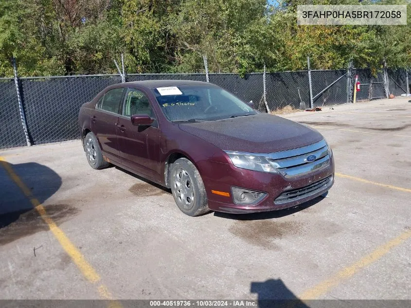 2011 Ford Fusion Se VIN: 3FAHP0HA5BR172058 Lot: 40519736