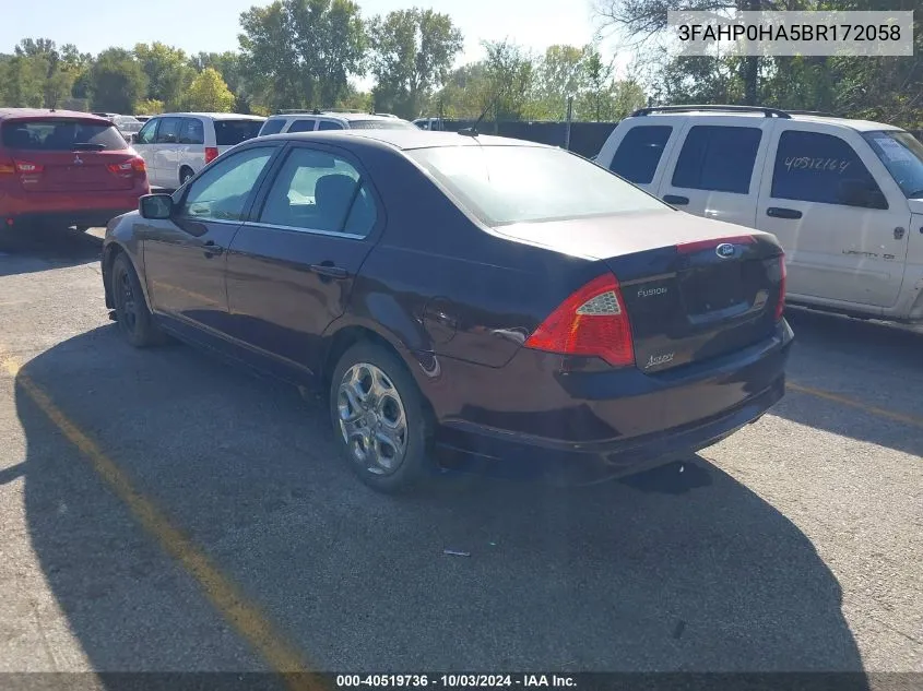 2011 Ford Fusion Se VIN: 3FAHP0HA5BR172058 Lot: 40519736