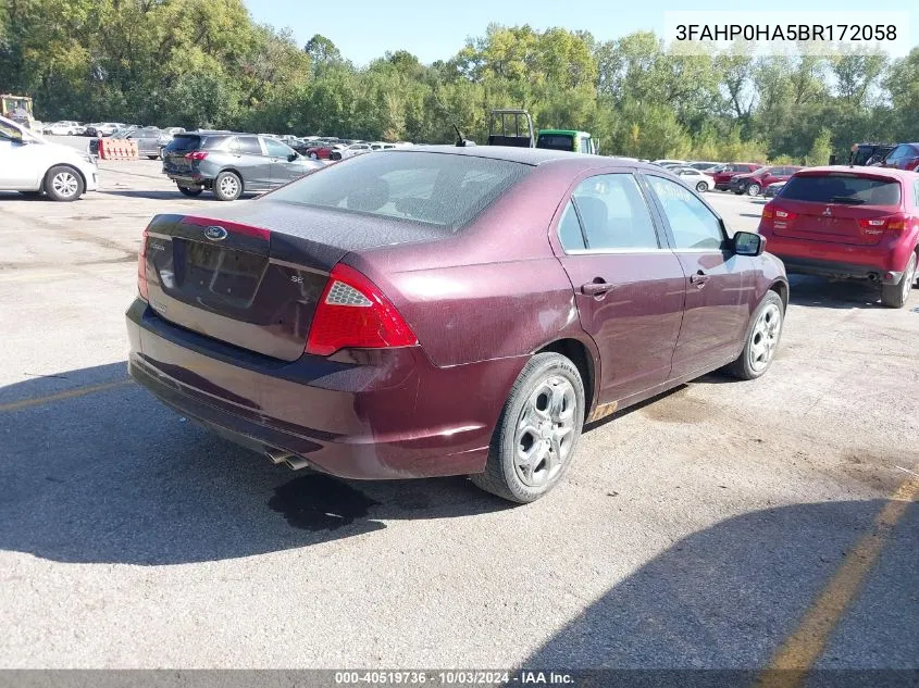 2011 Ford Fusion Se VIN: 3FAHP0HA5BR172058 Lot: 40519736