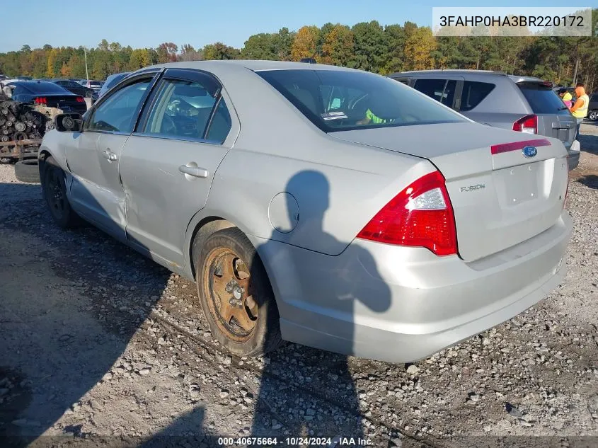 2011 Ford Fusion Se VIN: 3FAHP0HA3BR220172 Lot: 40675664