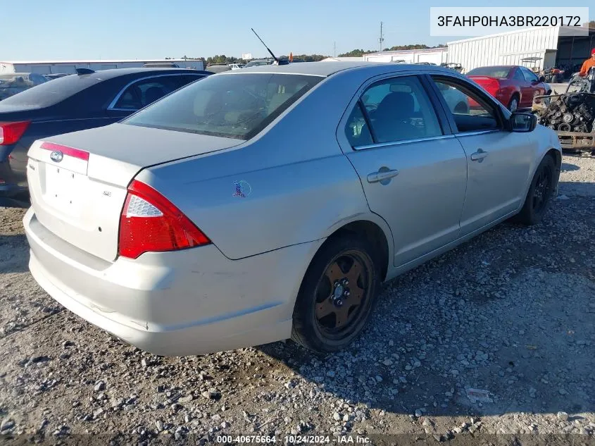 2011 Ford Fusion Se VIN: 3FAHP0HA3BR220172 Lot: 40675664