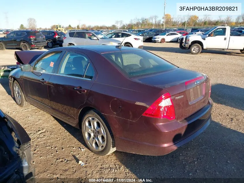 2011 Ford Fusion Se VIN: 3FAHP0HA3BR209821 Lot: 40744583