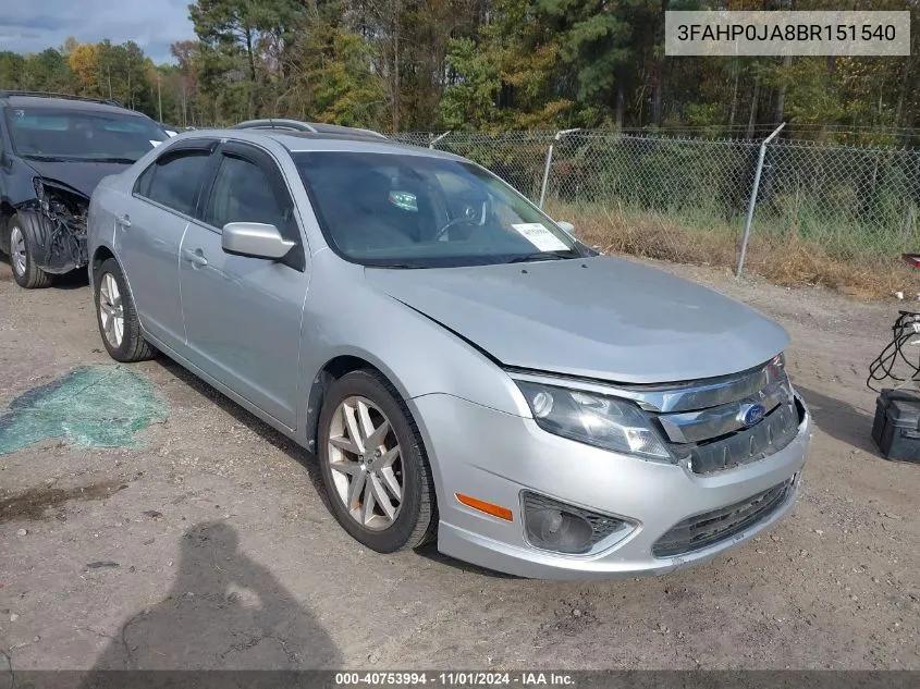 2011 Ford Fusion Sel VIN: 3FAHP0JA8BR151540 Lot: 40753994