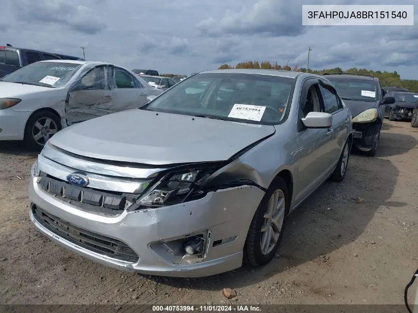 2011 Ford Fusion Sel VIN: 3FAHP0JA8BR151540 Lot: 40753994