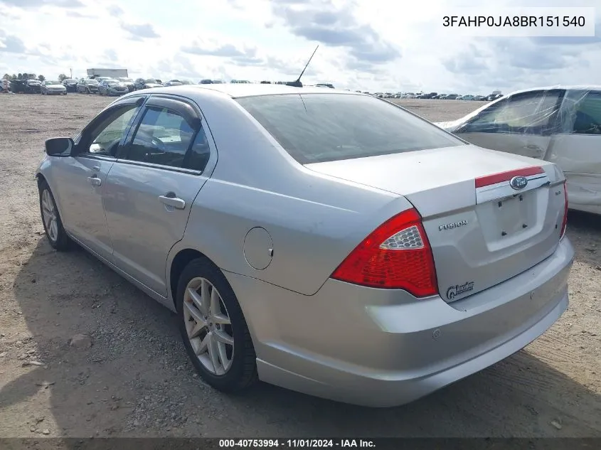 2011 Ford Fusion Sel VIN: 3FAHP0JA8BR151540 Lot: 40753994