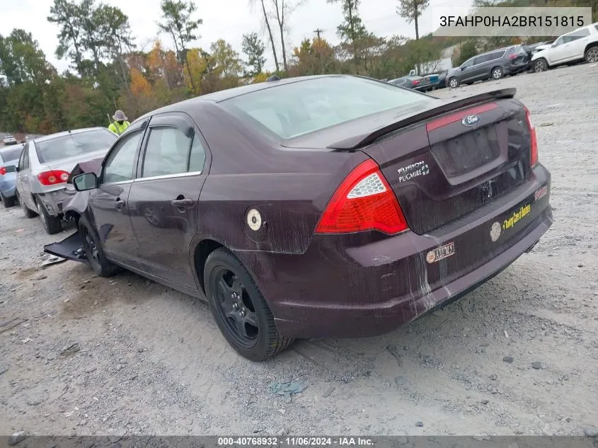 2011 Ford Fusion VIN: 3FAHP0HA2BR151815 Lot: 40768932