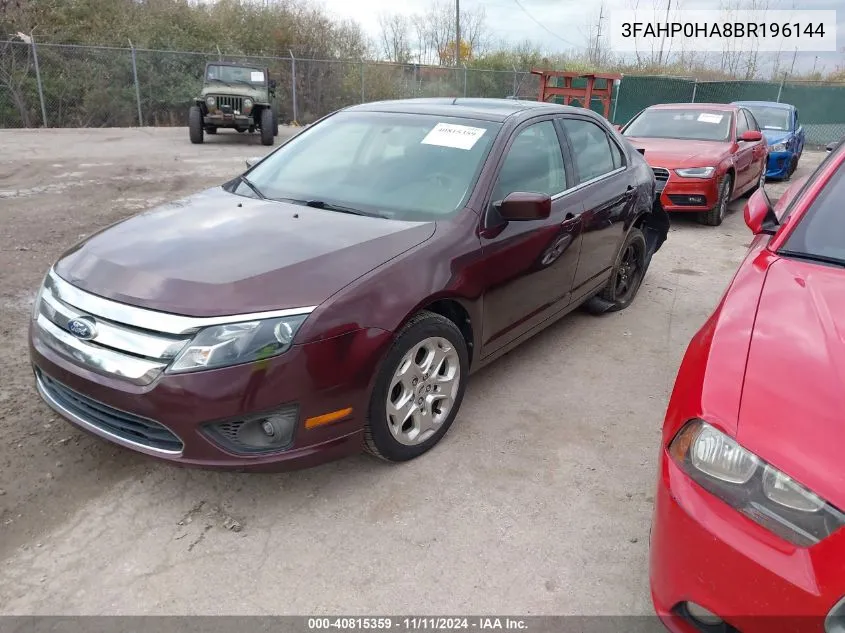 2011 Ford Fusion Se VIN: 3FAHP0HA8BR196144 Lot: 40815359