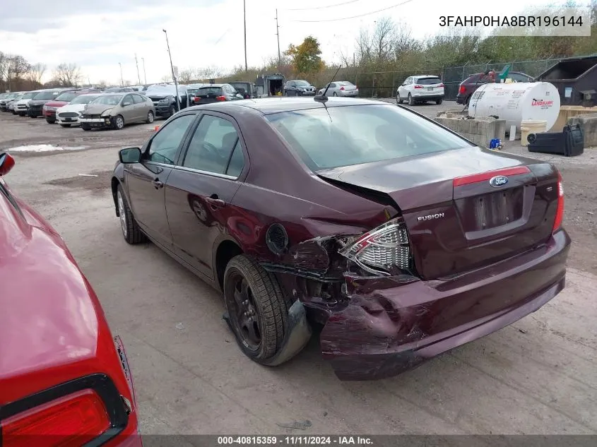 2011 Ford Fusion Se VIN: 3FAHP0HA8BR196144 Lot: 40815359