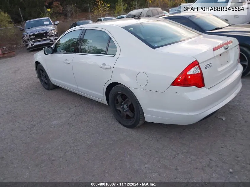 2011 Ford Fusion Se VIN: 3FAHP0HA8BR345684 Lot: 40818807