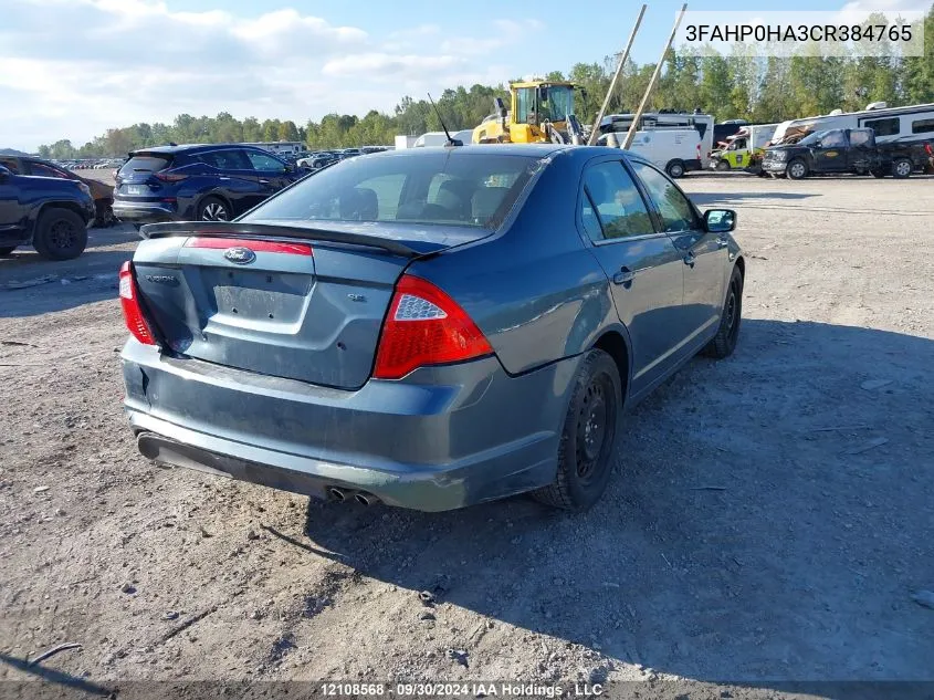 2012 Ford Fusion Se VIN: 3FAHP0HA3CR384765 Lot: 12108568