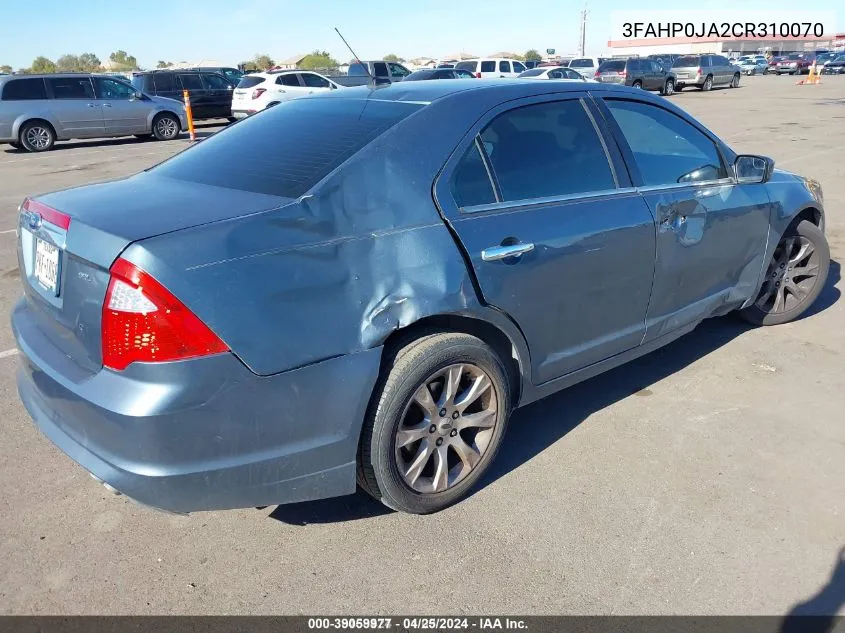 2012 Ford Fusion Sel VIN: 3FAHP0JA2CR310070 Lot: 39059977