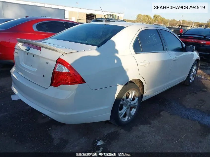 2012 Ford Fusion Se VIN: 3FAHP0HA9CR294519 Lot: 39683404