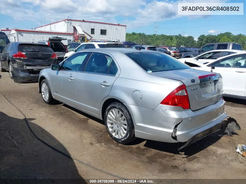 2012 Ford Fusion Hybrid VIN: 3FADP0L36CR408502 Lot: 39708399