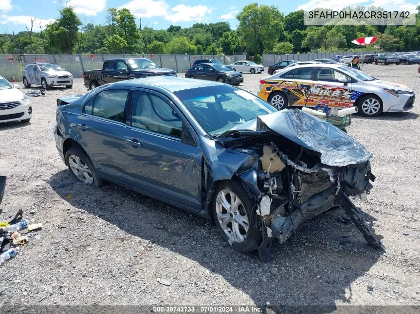 2012 Ford Fusion Se VIN: 3FAHP0HA2CR351742 Lot: 39743733