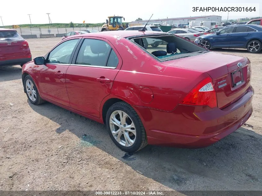 2012 Ford Fusion Se VIN: 3FAHP0HA0CR301664 Lot: 39812233