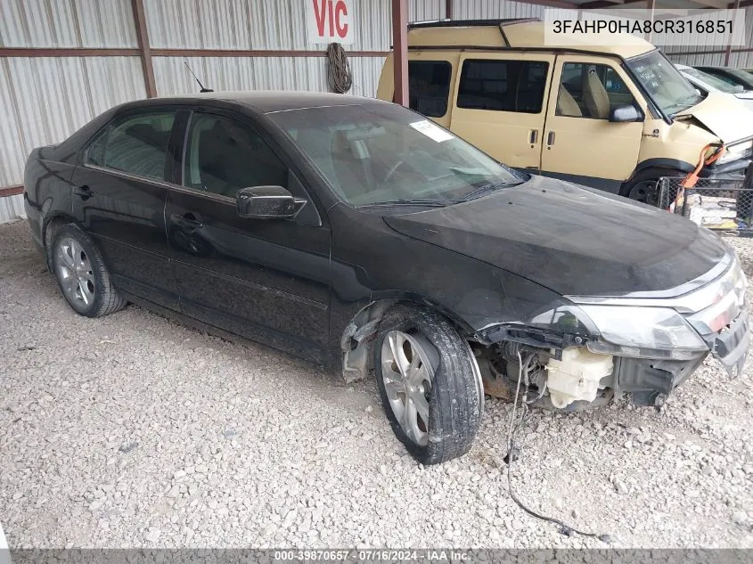 3FAHP0HA8CR316851 2012 Ford Fusion Se