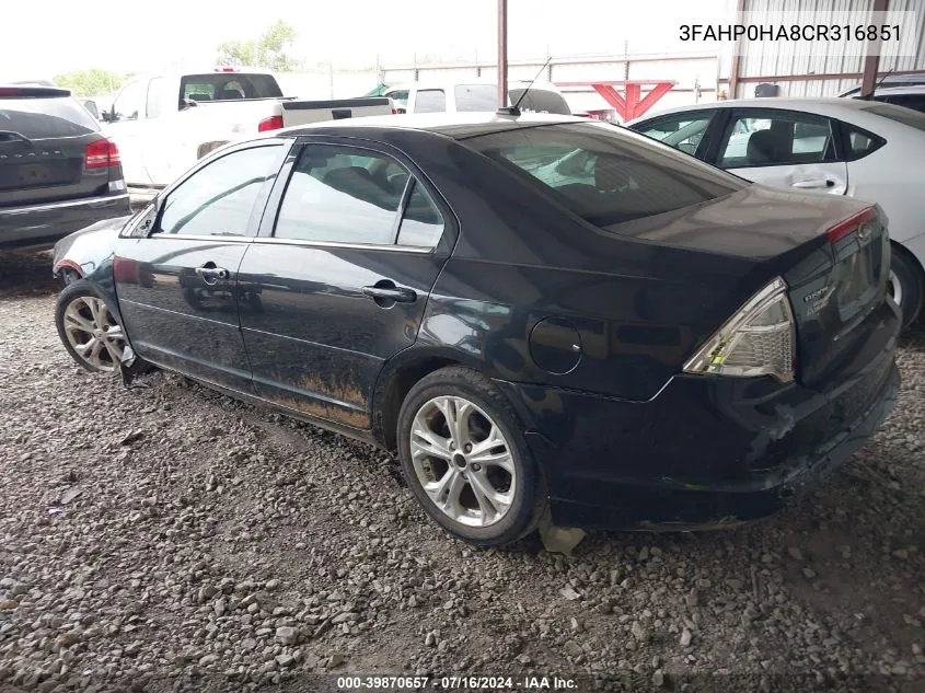 2012 Ford Fusion Se VIN: 3FAHP0HA8CR316851 Lot: 39870657