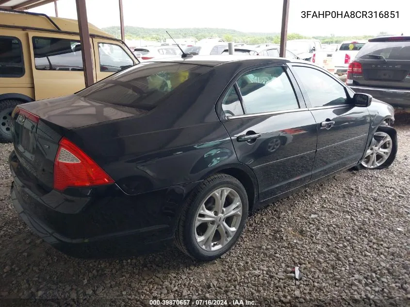 2012 Ford Fusion Se VIN: 3FAHP0HA8CR316851 Lot: 39870657