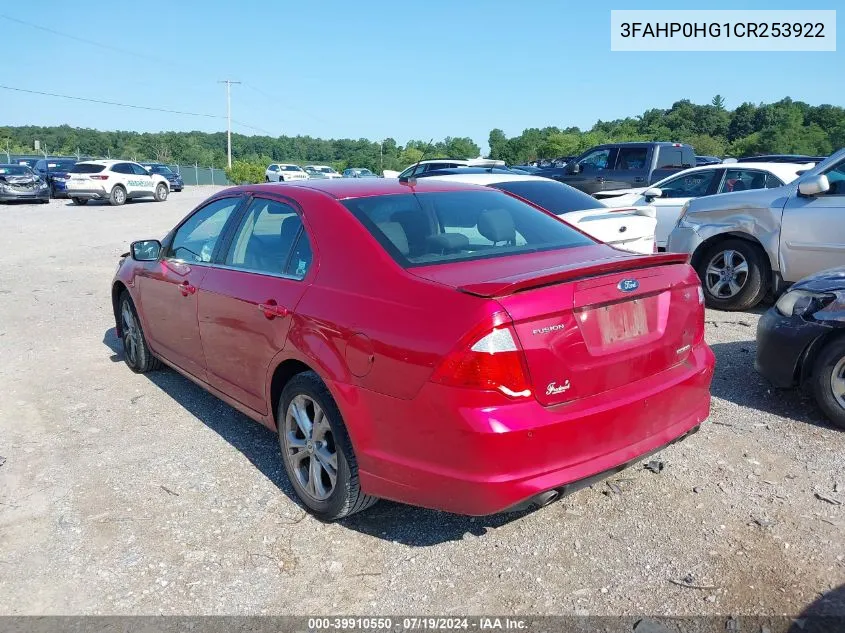 2012 Ford Fusion Se VIN: 3FAHP0HG1CR253922 Lot: 39910550