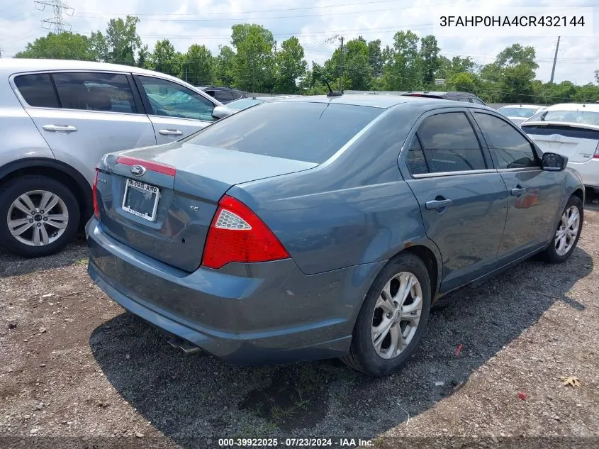 2012 Ford Fusion Se VIN: 3FAHP0HA4CR432144 Lot: 39922025