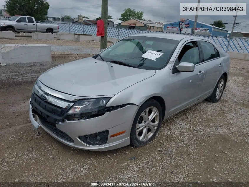 2012 Ford Fusion Se VIN: 3FAHP0HA7CR398443 Lot: 39943417