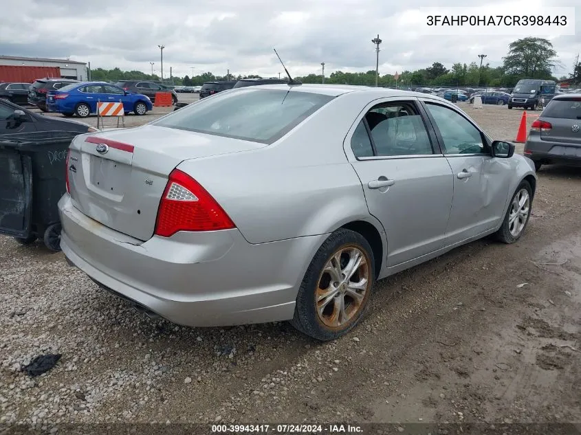 2012 Ford Fusion Se VIN: 3FAHP0HA7CR398443 Lot: 39943417