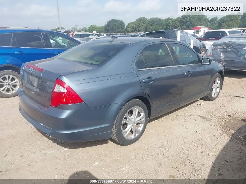 2012 Ford Fusion Se VIN: 3FAHP0HA2CR237322 Lot: 39976607