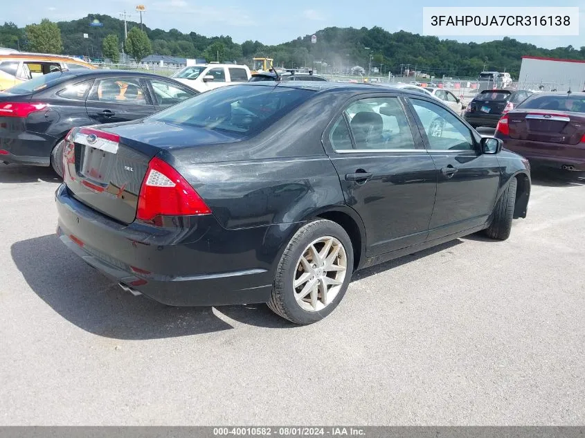 2012 Ford Fusion Sel VIN: 3FAHP0JA7CR316138 Lot: 40010582