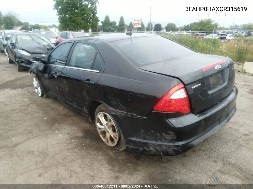 2012 Ford Fusion Se VIN: 3FAHP0HAXCR315619 Lot: 40012211