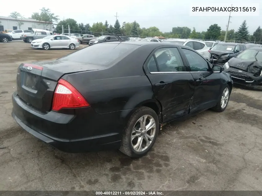 2012 Ford Fusion Se VIN: 3FAHP0HAXCR315619 Lot: 40012211